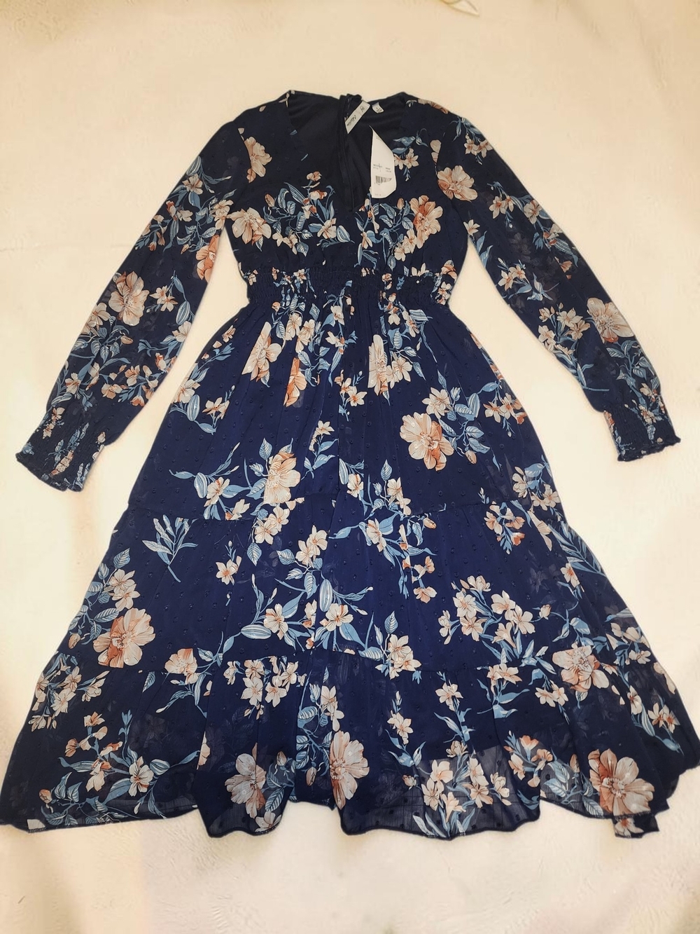 NY Collection Long Sleeve Clip Dot Chiffon Dress  Navy Hydrolily NWT Small